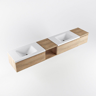 MONDIAZ BUKLA 240cm badmeubel met open module 40 links kleur Washed Oak met 3 lades. Wastafel CLOUD dubbel 0 kraangaten kleur Talc.