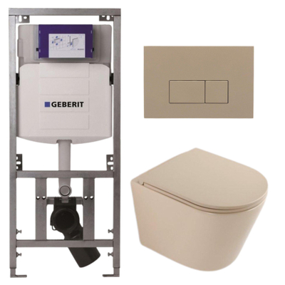 QeramiQ Dely Toiletset - 36.3x51.7cm - diepspoel - rimless - Geberit UP320 inbouwreservoir - softclose toilet zitting - bedieningsplaat taupe - rechthoekige knoppen - mat beige