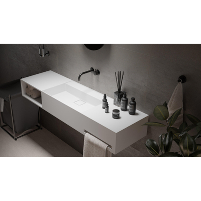 Ideavit Wastafel - 140x40x20cm - solid surface - afgeronde binnenhoeken - handdoekhouder rechts - opbergvak links - vierkante afvoerdekking - solid surface - mat wit