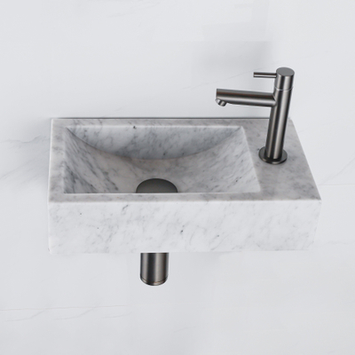 Fortifura Fuente fonteinset - 40x22 - 1 kraangat - rechts - marmer - fonteinkraan gunmetal - wit