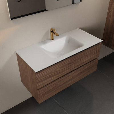 Mondiaz Aivy badmeubelset - 100x45x50cm - 1 kraangat - 1 wasbak talc Solid surface - Midden - 2 lades - Met spiegel - Melamine Mocha