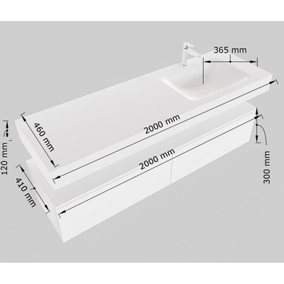 MONDIAZ ALAN 200cm - onderkast - talc - 2 lades - vrijhangende wastafel - wasbak rechts - 1 kraangat - urban