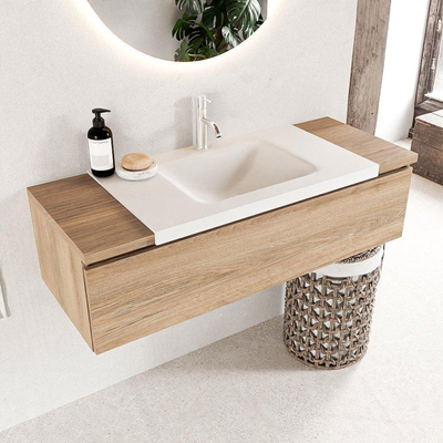 Mondiaz BUKLA Badkamermeubelset - 120x45x34cm - 1 kraangat - wasbak midden - solid surface - Talc - greeploos - 1 lade - Melamine - Washed Oak