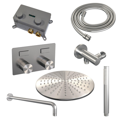 BRAUER Brushed Carving Thermostatische Regendouche inbouw - drukknoppen - SET 52 - 30cm hoofddouche - gebogen muurarm - staaf handdouche - doucheslang - wandaansluitbocht - RVS geborsteld PVD