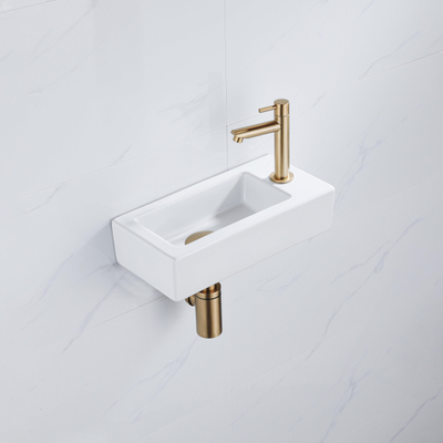 QeramiQ Fuente Fonteinset - 37.5x18.5x9cm - keramiek - kraangat rechts - fonteinkraan geborsteld messing - afvoerplug - verlaagd sifon - Glans wit