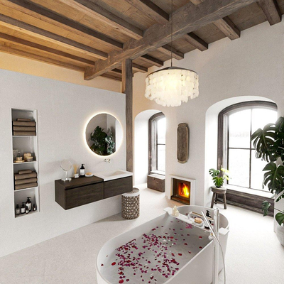 MONDIAZ BUKLA 120cm badmeubel met module 60 kleur Dark Brown met 2 lades. Wastafel CLOUD rechts 0 kraangaten kleur Talc.