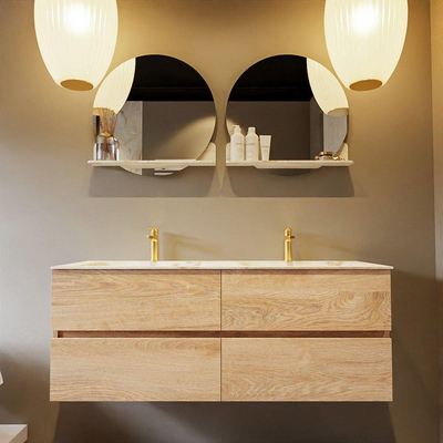 MONDIAZ VICA-DLUX Badkamermeubelset - 130cm - onderkast washed oak - 4 lades - inbouw wastafel cloud dubbel - 2 kraangaten - 60cm hoge versie - frape