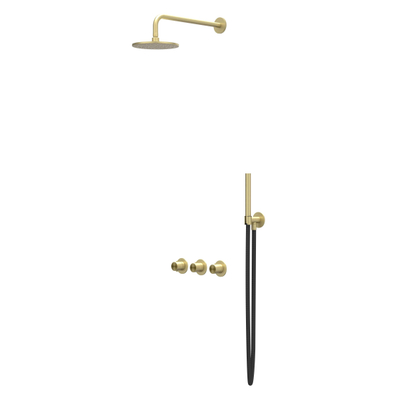 IVY Concord Regendoucheset - inbouw - symmetry - 2 stopkranen - 30cm plafondbuis - 25cm medium hoofddouche - houder met uitlaat - 150cm doucheslang - staafmodel handdouche - RVS316 - geborsteld mat goud PVD