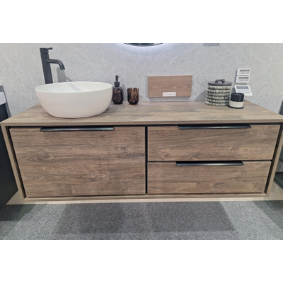 HR Badmeubelen Rize wastafelkast 1 hoge lade links 70cm 2 laden rechts 70cm greep naar keuze 140 x 45 x 45 cm met topblad en handgrepen zwart espresso espresso SHOWROOMMODEL