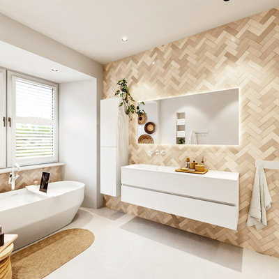 MONDIAZ VICA 150cm badmeubel onderkast Talc 2 lades. Wastafel CLOUD links zonder kraangat, kleur Talc.