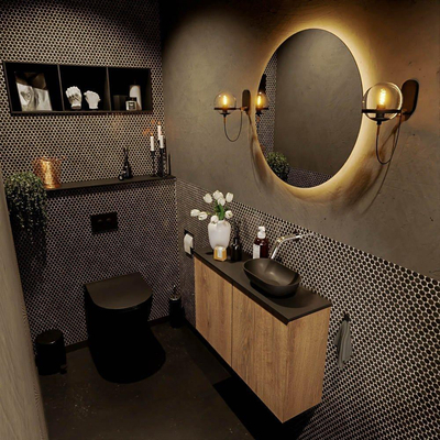 Mondiaz Fowy Toiletmeubel - 80x50x23cm - washed oak mat - 0 kraangaten - wasbak rechts - 2 deuren - solid surface - blad Melamine - wasbak: zwart