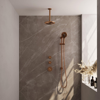 Brauer Copper Carving Regendoucheset inbouw - hoofddouche 20cm - plafondarm 20cm - 3 carving knoppen - handdouche rond 3 standen - - PVD - geborsteld koper