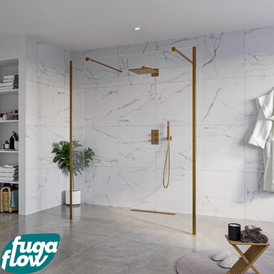 FugaFlow Eccelente Vetro Vrijstaande inloopdouche badkamer - 160x200cm - Helder - antikalk - 8mm veiligheidsglas - 2 zijwanden 40cm - met wandarmen en hoekprofielen - Koper geborsteld -