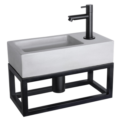Differnz Ravo fonteinset - 38.5x18.5x25cm - Rechthoek - 1 kraangat - Recht matte zwarte kraan - met zwart frame - beton lichtgrijs