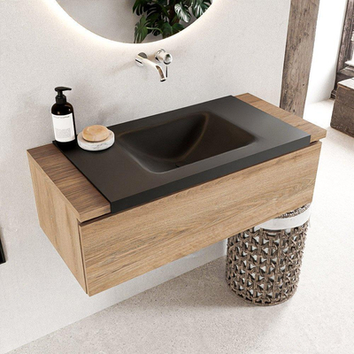 Mondiaz BUKLA Badkamermeubelset - 100x45x34cm - 0 kraangaten - wasbak midden - solid surface - Urban - greeploos - 1 lade - Melamine - Washed Oak