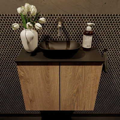 Mondiaz Fowy Toiletmeubel - 60x50x23cm - washed oak mat - 0 kraangaten - wasbak midden - 2 deuren - solid surface - blad Melamine - wasbak: zwart