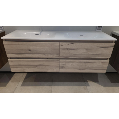 BRAUER Solution Wastafelonderkast - 140x46x50cm - 4 softclose greeploze lades - 2 sifonuitsparing - MFC - Birch inclusief BRAUER Furiosa Meubelwastafel 2 wasbakken zonder kraangaten Finestone glanzend wit SHOWROOMMODEL OUTLETSTORE