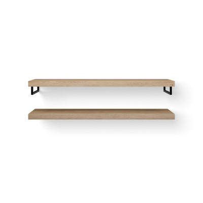 Looox Wood collection Duo wandplanken 160x46cm - 2 stuks - Met handdoekhouders zwart mat - massief eiken Old grey