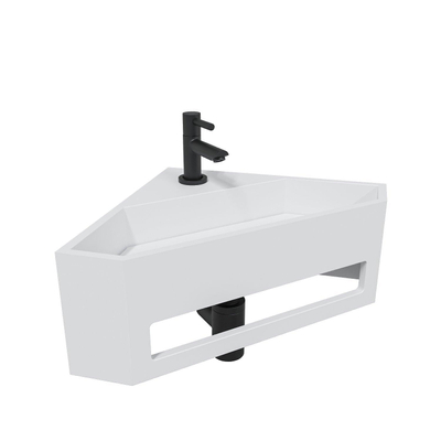 Wiesbaden Julia hoekfontein solid surface 35x35x16cm mat wit incl. Amador fonteinkraan zwart mat