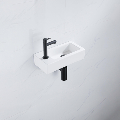 QeramiQ Fuente Fonteinset - 37.5x18.5x9cm - keramiek - kraangat links - fonteinkraan zwart mat - afvoerplug - verlaagd sifon - Mat wit