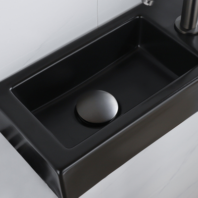 QeramiQ Fuente Fonteinset - 37.5x18.5x9cm - keramiek - kraangat rechts - fonteinkraan gunmetal - afvoerplug - verlaagd sifon - Mat Zwart