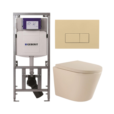 QeramiQ Dely Toiletset - 36.3x51.7cm - diepspoel - rimless - Geberit UP320 inbouwreservoir - softclose toilet zitting 35 mm - bedieningsplaat beige - rechthoekige knoppen - mat beige