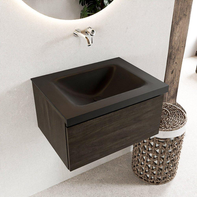 Mondiaz BUKLA Badkamermeubelset - 60x45x34cm - 0 kraangaten - wasbak midden - solid surface - Urban - greeploos - 1 lade - Melamine - Dark brown