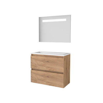 Basic-Line Economic 39 badkamermeubelset - 80x39cm - greeploos - 2 lades - acryl wastafel - 0 kraangaten - Spiegel - geintegreerde LED verlichting - MFC Whisky Oak