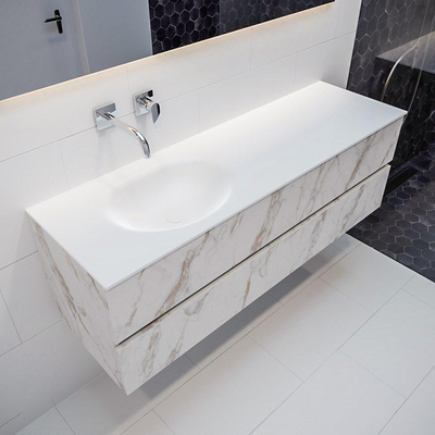 MONDIAZ VICA Badkamermeubelset - 150cm - 2 lades - wasbak Moon links - 0 kraangaten - solid surface carrara marmer