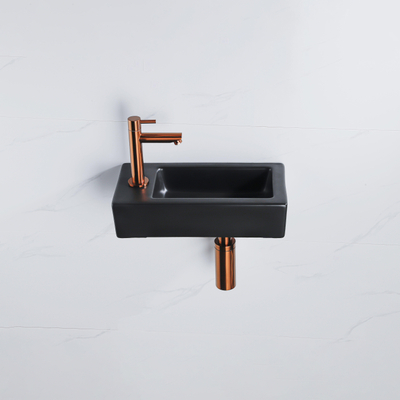 QeramiQ Fuente Fonteinset - 37.5x18.5x9cm - keramiek - kraangat links - fonteinkraan geborsteld koper - afvoerplug - verlaagd sifon - Mat Zwart
