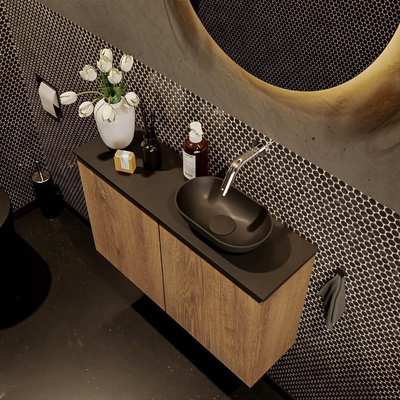 Mondiaz Fowy Toiletmeubel - 80x50x23cm - washed oak mat - 0 kraangaten - wasbak rechts - 2 deuren - solid surface - blad Melamine - wasbak: zwart