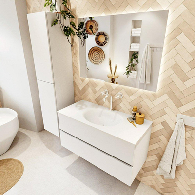 MONDIAZ VICA 100cm badmeubel onderkast Talc 2 lades. Wastafel MOON midden 1 kraangat, kleur Talc.