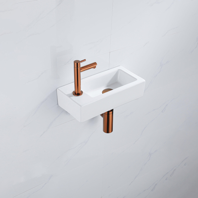 QeramiQ Fuente Fonteinset - 37.5x18.5x9cm - keramiek - kraangat links - fonteinkraan geborsteld koper - afvoerplug - verlaagd sifon - Glans wit