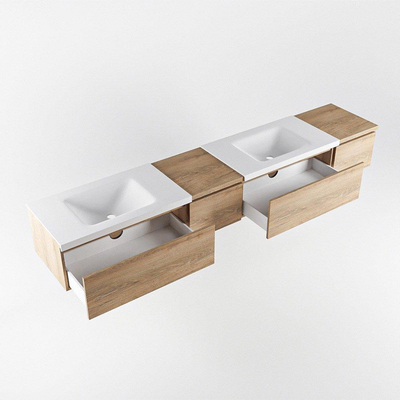 MONDIAZ BUKLA 240cm badmeubel met module 40 links kleur Washed Oak met 4 lades. Wastafel CLOUD dubbel 0 kraangaten kleur Talc.