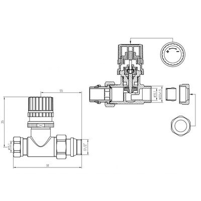 Riko luxe therm.voorber.vent.1/2''x15 (M22) knel recht chroom