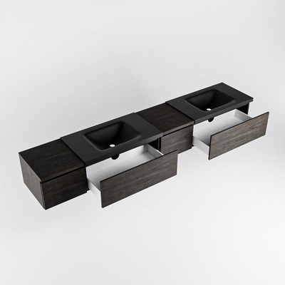 MONDIAZ BUKLA 240cm badmeubel met module 40 rechts kleur Dark Brown met 4 lades. Wastafel CLOUD dubbel 2 kraangaten kleur Urban.