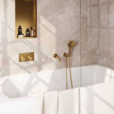 BRAUER Gold Carving thermostatische inbouw badkraan - drukknoppen SET 04 - uitloop - 3 standen handdouche - doucheslang - wandaansluitbocht - goud geborsteld PVD