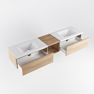 MONDIAZ BUKLA 200cm badmeubel met open module 40 kleur Washed Oak met 2 lades. Wastafel CLOUD dubbel 0 kraangaten kleur Talc.