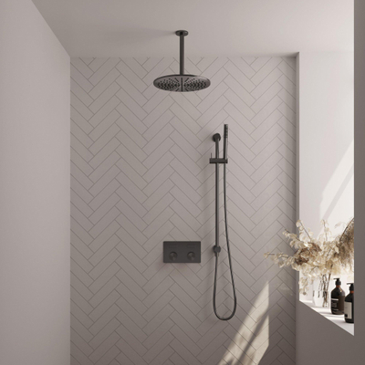 BRAUER gunmetal Carving Thermostatische Regendouche inbouw - drukknoppen - SET 66 - 30cm hoofddouche - plafondarm - staaf handdouche - doucheslang - geïntegreerde glijstang - gunmetal geborsteld PVD