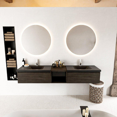 MONDIAZ BUKLA 200cm badmeubel met open module 40 kleur Dark Brown met 2 lades. Wastafel CLOUD dubbel 2 kraangaten kleur Urban.