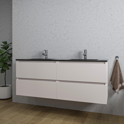 Adema Chaci Badkameronderkast - 140cm - 4 lades - greeploos - zwart keramieke wastafel - overloop - 2 wasbakken - 2 kraangaten - mat cotton (beige)