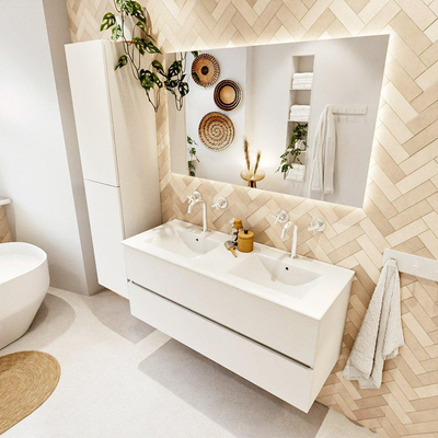 MONDIAZ VICA 120cm badmeubel onderkast Talc 2 lades. Wastafel DENIA dubbel 2 kraangaten, kleur Glanzend Wit.