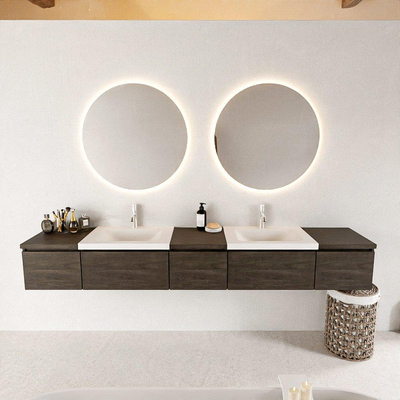 MONDIAZ BUKLA 240cm badmeubel met module 40 kleur Dark Brown met 5 lades. Wastafel CLOUD dubbel 2 kraangaten kleur Talc.