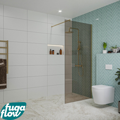 FugaFlow Eccelente Vetro inloopdouche badkamer - 90x200cm - rookglas - wandarm - geborsteld messing -