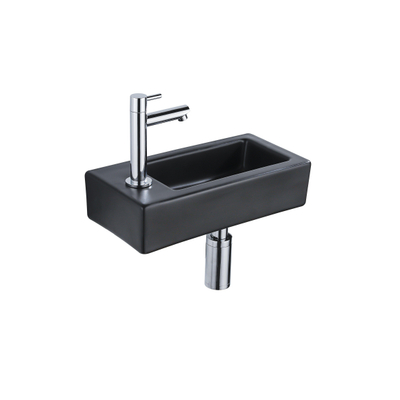 QeramiQ Fuente Fonteinset - 37.5x18.5x9cm - keramiek - kraangat links - fonteinkraan chroom - afvoerplug - verlaagd sifon - Mat Zwart