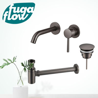 FugaFlow Eccelente Sobrado Badkamer Slim Wastafelkraanset - inbouw wastafelkraan - always open plug - verlaagde design sifon - PVD Gepolijst Gunmetal