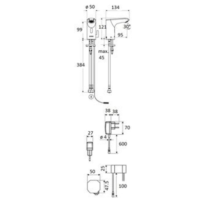 Schell Xeris E HD M elektronische wastafelkraan small v. gemengd water met stekker trafo 220V met infrarood sensor chroom