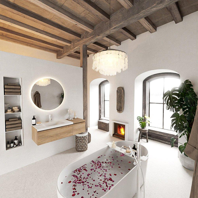 MONDIAZ BUKLA 120cm badmeubel met module 40 kleur Washed Oak met 2 lades. Wastafel CLOUD links 1 kraangat kleur Talc.