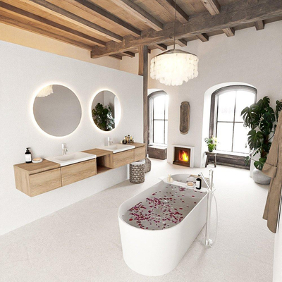 MONDIAZ BUKLA 240cm badmeubel met open module 40 midden kleur Washed Oak met 4 lades. Wastafel CLOUD dubbel 2 kraangaten kleur Talc.