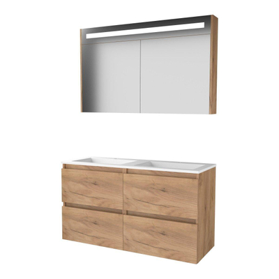 Basic-Line Premium 46 badkamermeubelset - 120x46cm - greeploos - 4 lades - acryl wastafel - 2 kraangaten - Spiegelkast - geintegreerde LED verlichting - MFC Whisky Oak